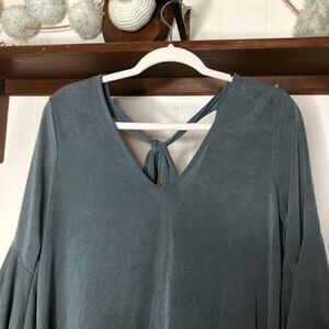 Green Envelope Womens V Neck 3/4 Bell Sleeve Tie Back Blouse Top Gray Medium